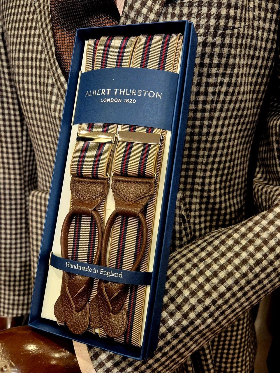 Albert Thurston tan and brown striped braces