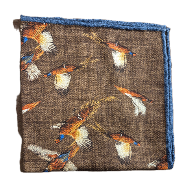 Rosi Collection Brown bird print silk pocket square
