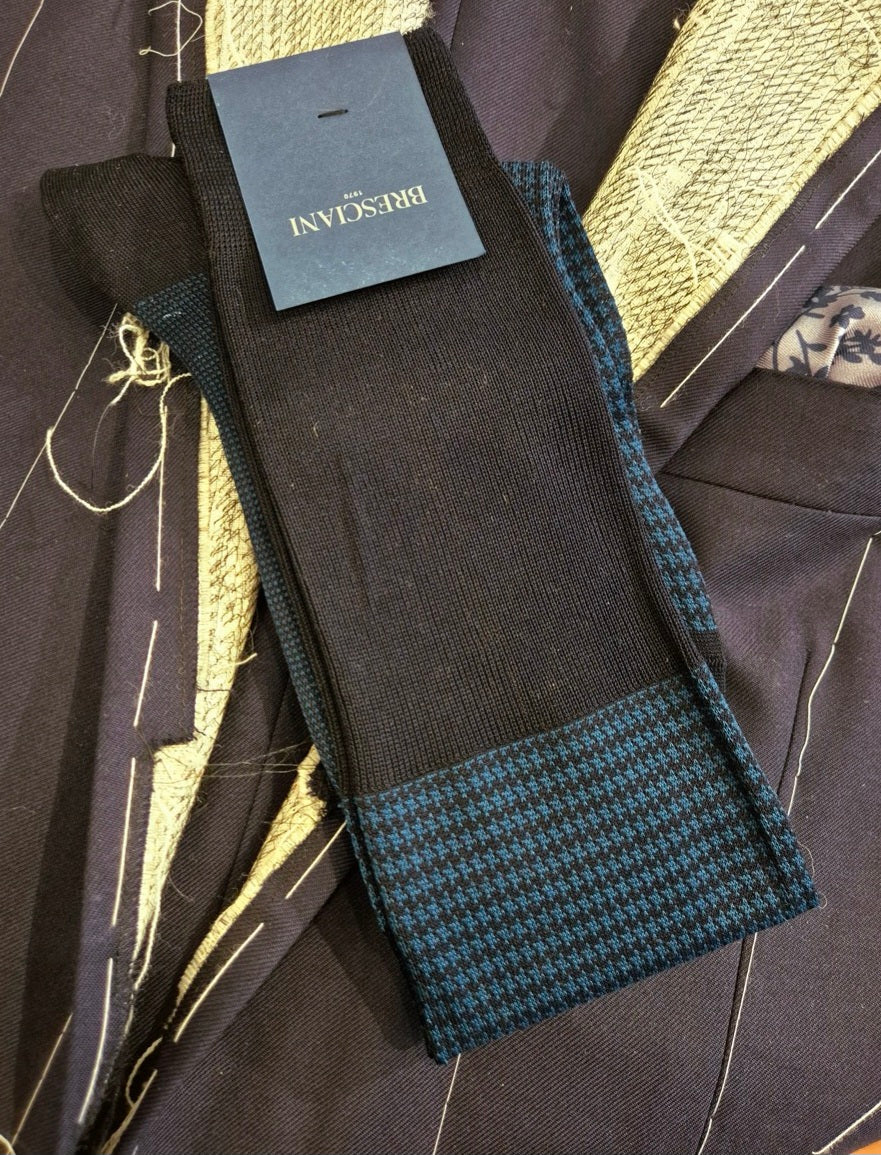Bresciani Navy Houndstooth KNEE length cotton socks