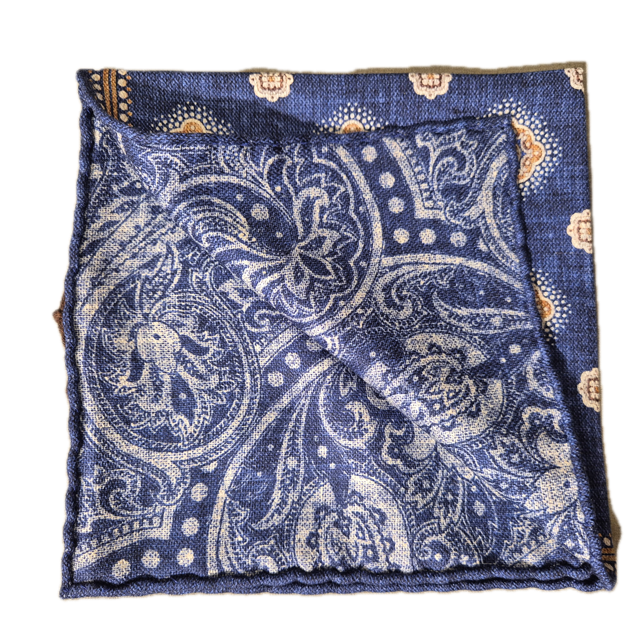 Navy geometric and paisley silk pocket square