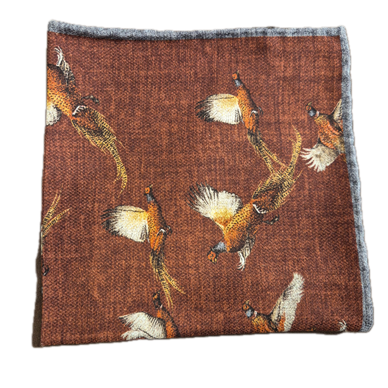 Rosi Collection burned orange bird print silk pocket square