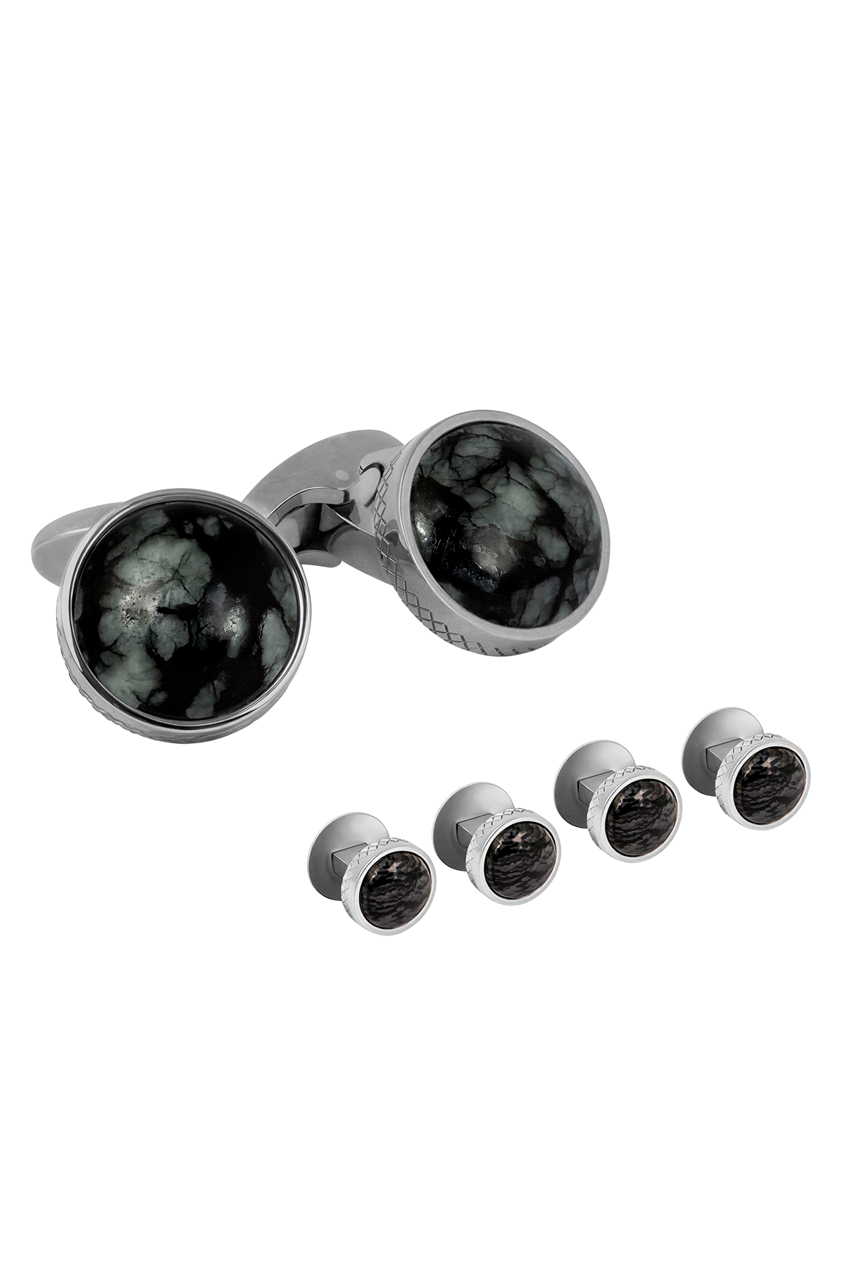 Tateossian Titanium and Line stone cufflink and stud set