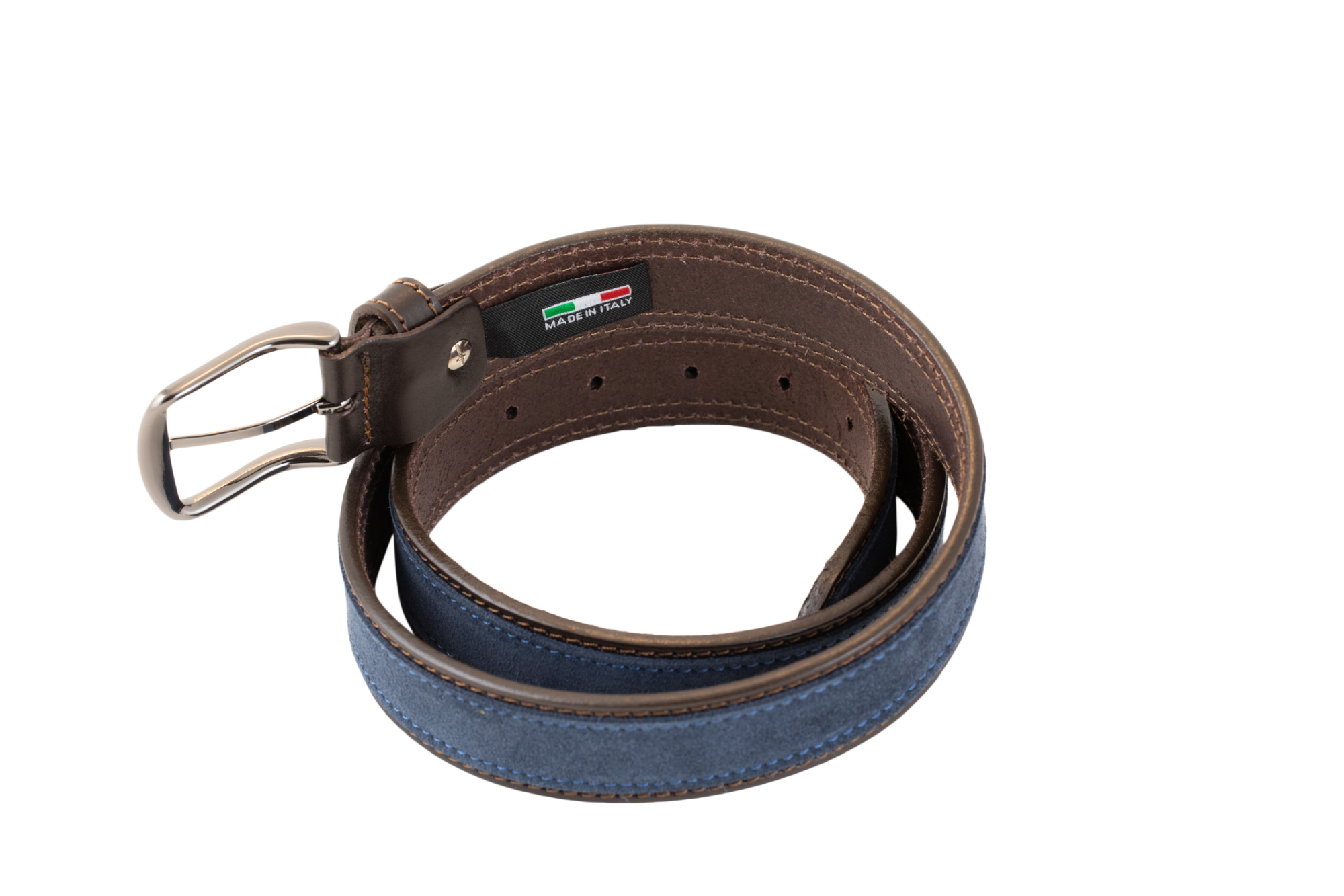 The Arno belt is stylish, modern and made from a soft brown Italian leather and navy suede stitched over the top, then finished with a silver buckle.