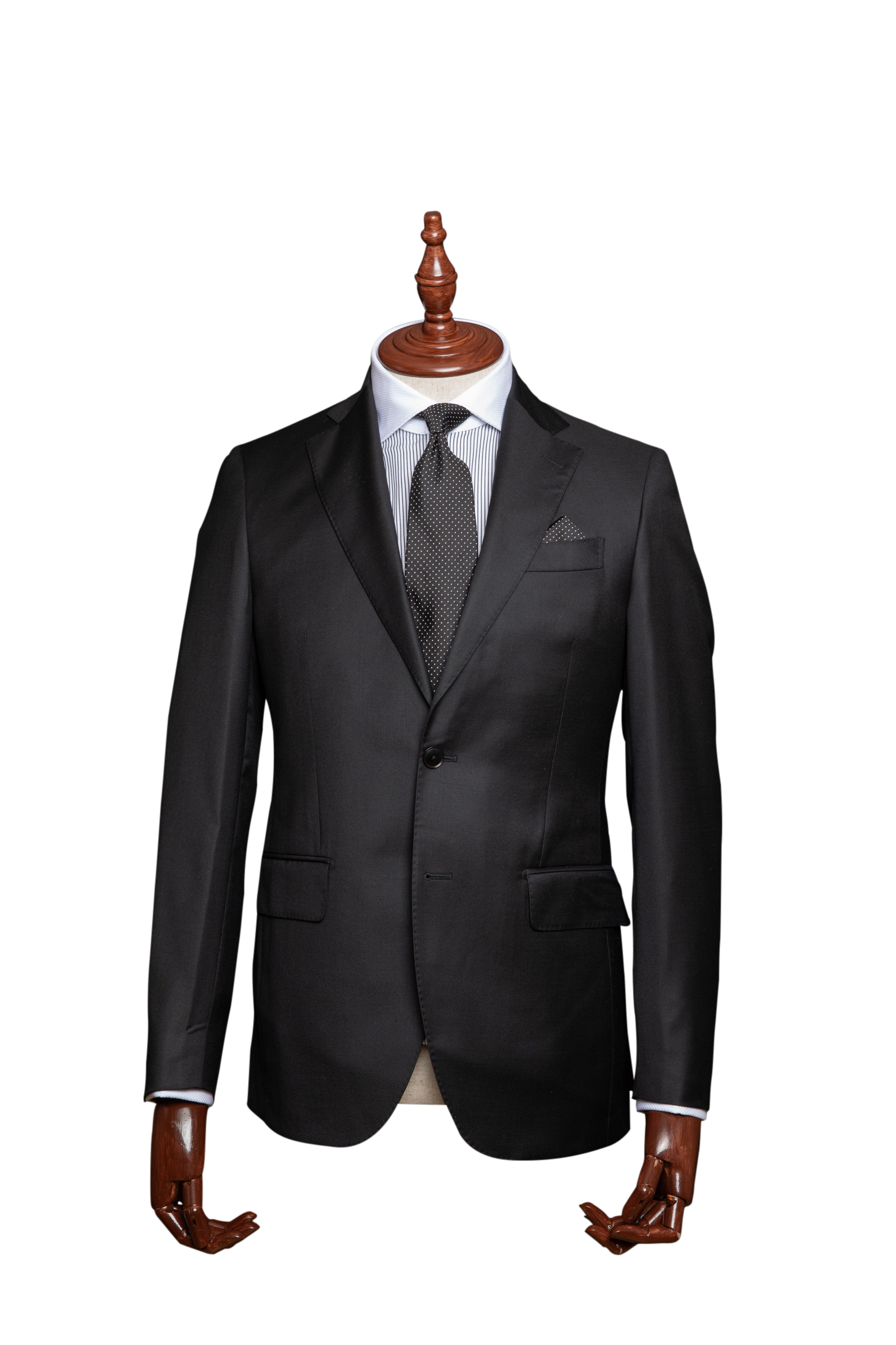 The traditional black lounge suit is a vital component for every man's wardrobe. Made in Italy and fabric is a Four Seasons Super 130s wool from Loro Piana.