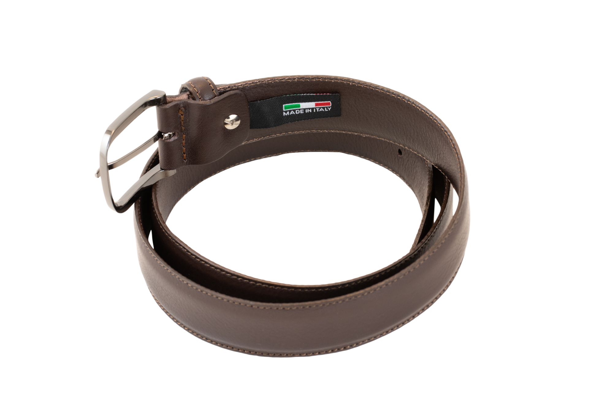 The Scandicci brown and black belt, made in Italy from a supple leather, textured, and is finished with a metal buckle.