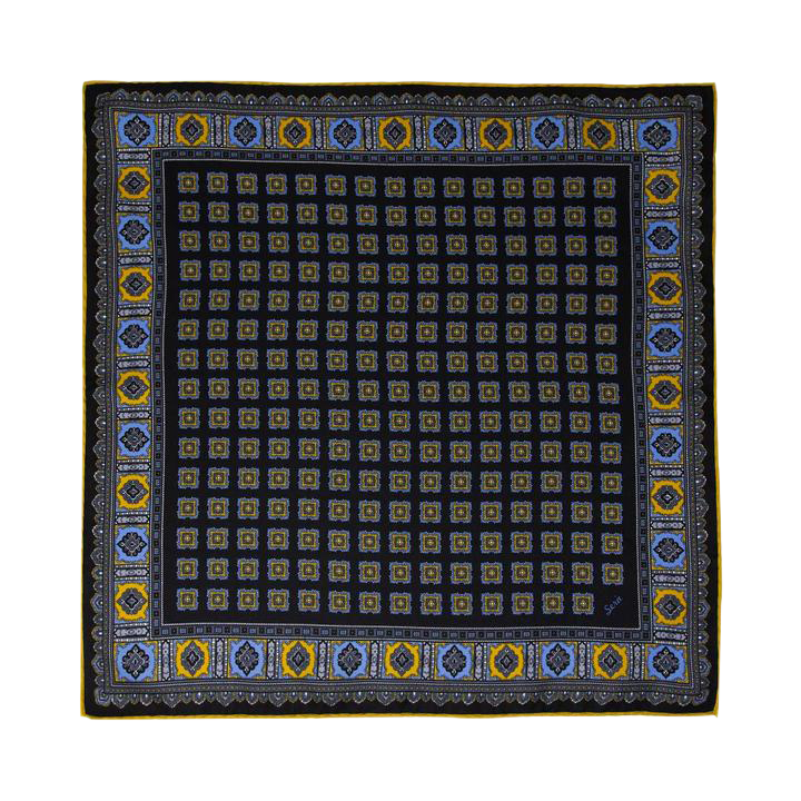 Our silk pocket squares are made in italy using the finest silks from Como. Navy and yellow are prominent colours in classic menswear making this pocket square an evergreen in your wardrobe.