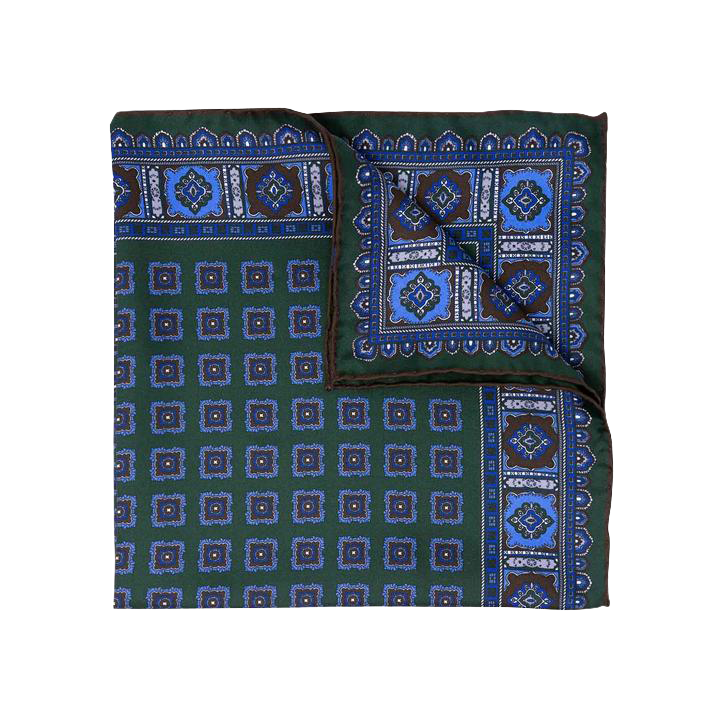 Our men's silk pocket squares are made in Italy using the finest silks from Como. Navy and green are prominent colours in classic menswear and floral patterns make for a very elegant pocket square.