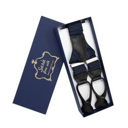 Serà Fine Silk men's navy moire suspenders, made in Italy and feature leather trims for the distinguished gentleman, only an authentic Italian made clothier could provide.