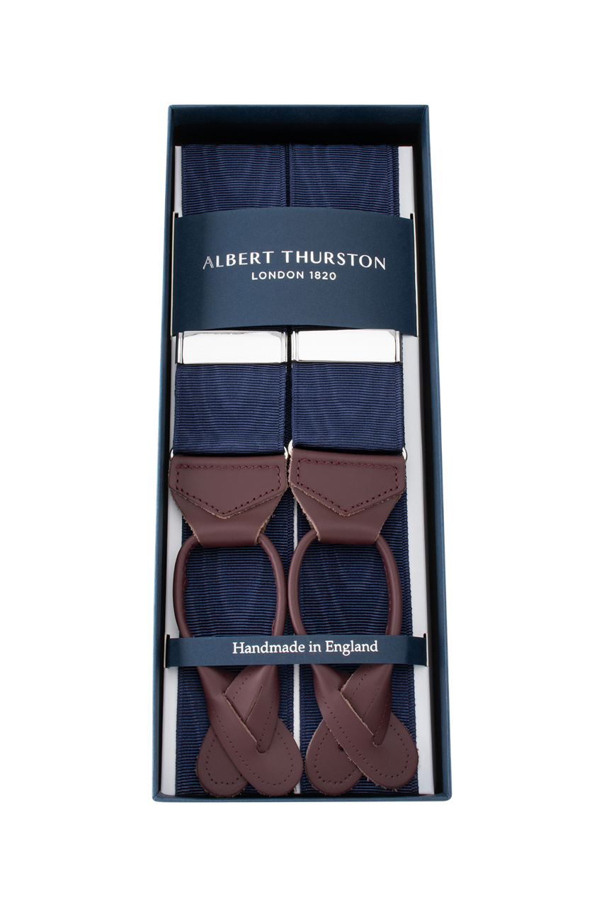 Albert Thurston Navy Moire Burgundy Leather braces