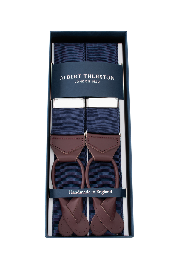 Albert Thurston Navy Moire Burgundy Leather braces