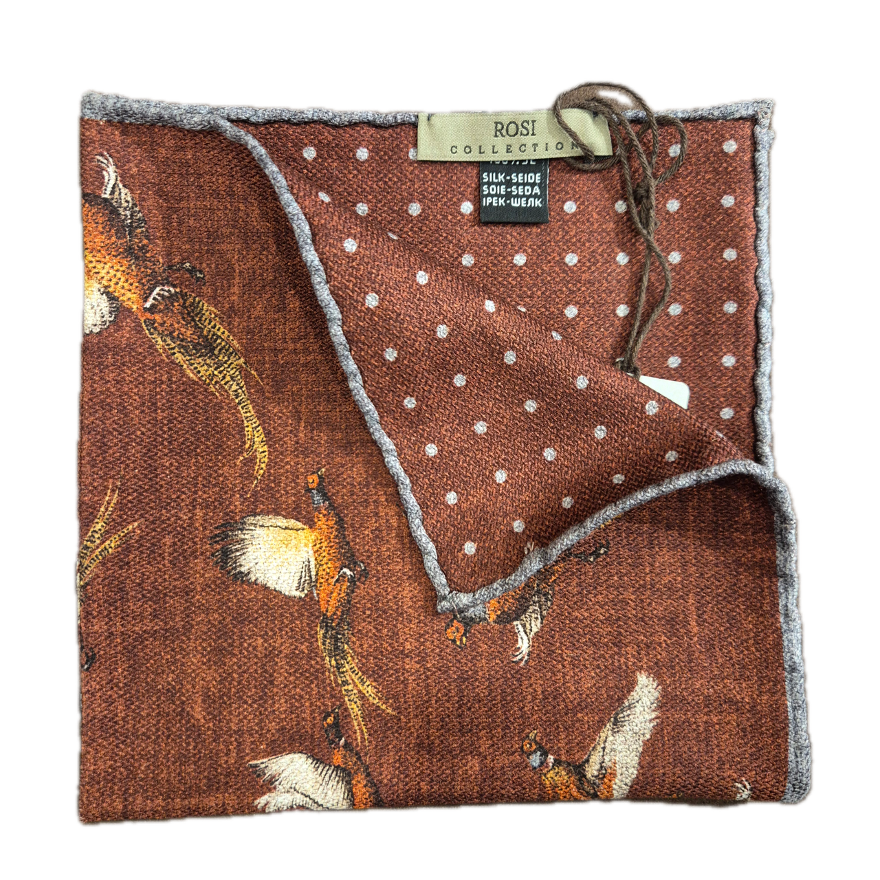 Rosi Collection burned orange bird print silk pocket square