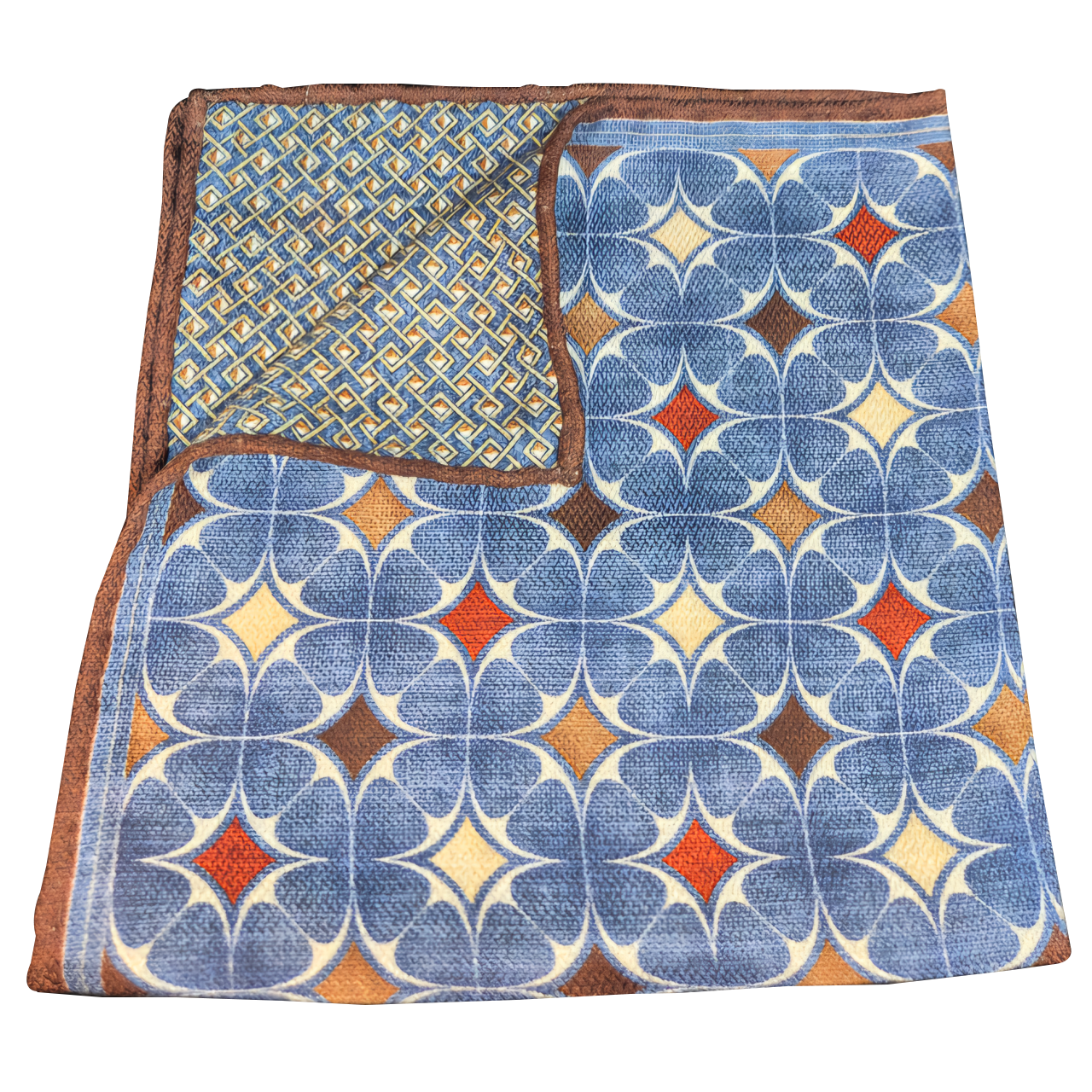 Rosi Collection Blue Brown geometric double sided silk Pocket Square