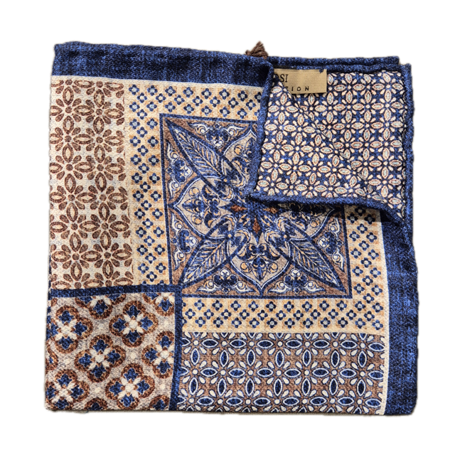 Rosi Collection Blue Brown geometric double sided silk Pocket Square