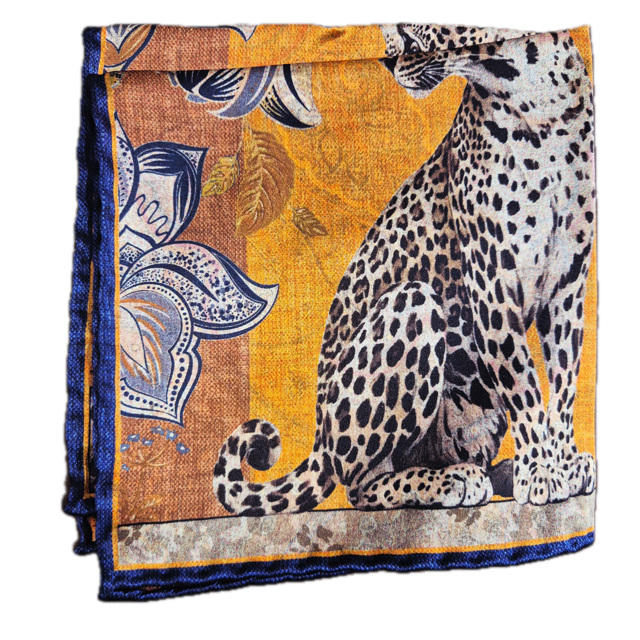 Rosi Collection Orange Navy Leopard silk pocket square