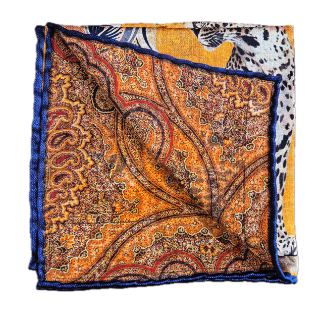 Rosi Collection Orange Navy Leopard silk pocket square