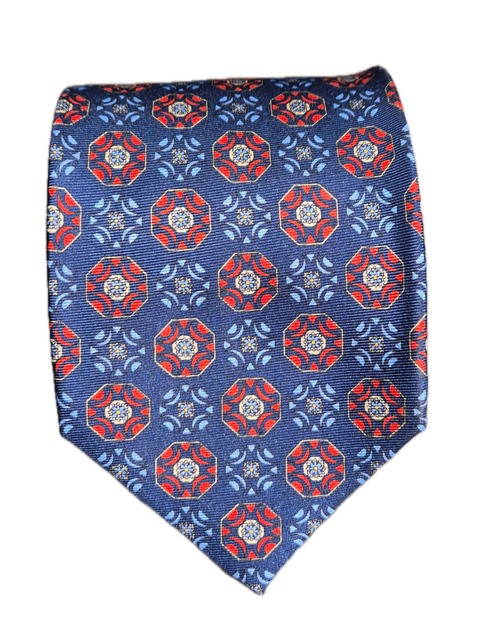 Praia navy floral geometric seven-fold silk tie
