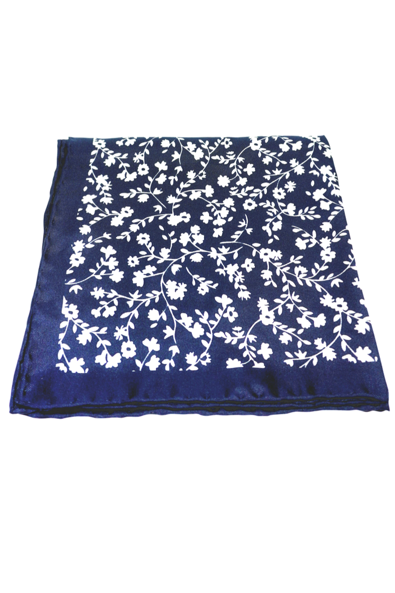 Taormina navy and white floral silk pocket square