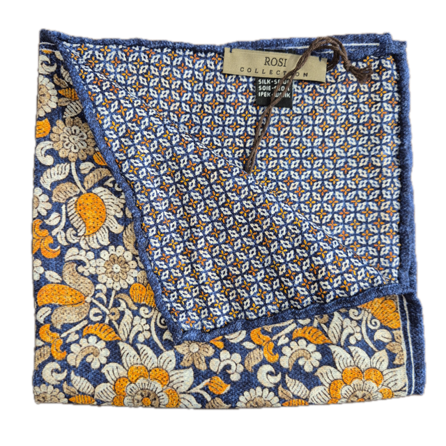 Rosi Collection Navy Orange floral silk pocket square