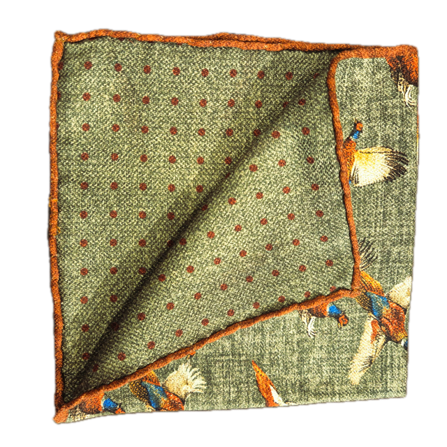 Rosi Collection Green bird print silk pocket square