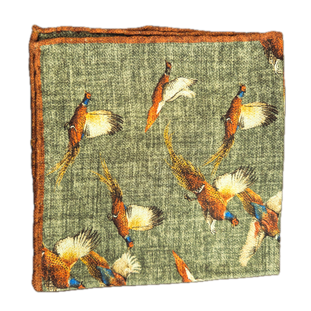 Rosi Collection Green bird print silk pocket square