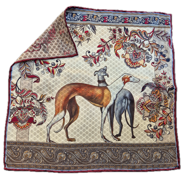 Rosi Collection Silver Greyhound print silk pocket square