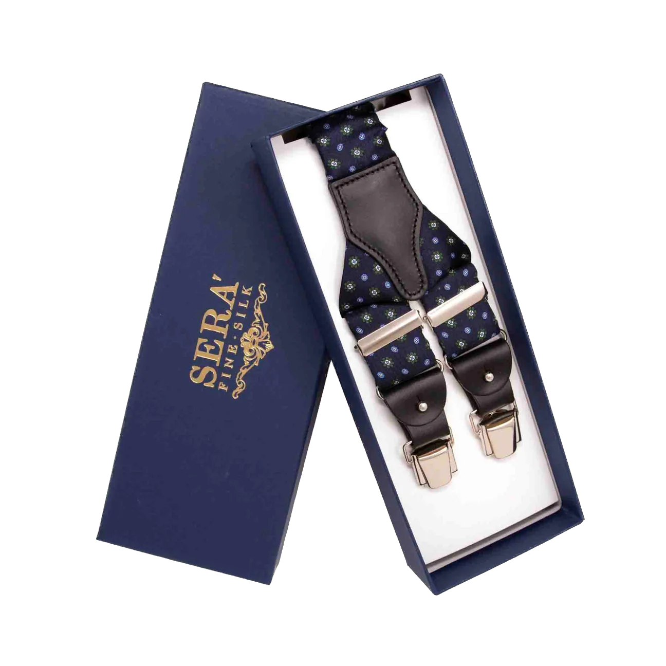 Serà Fine Silk Navy blue with green flowers silk suspenders