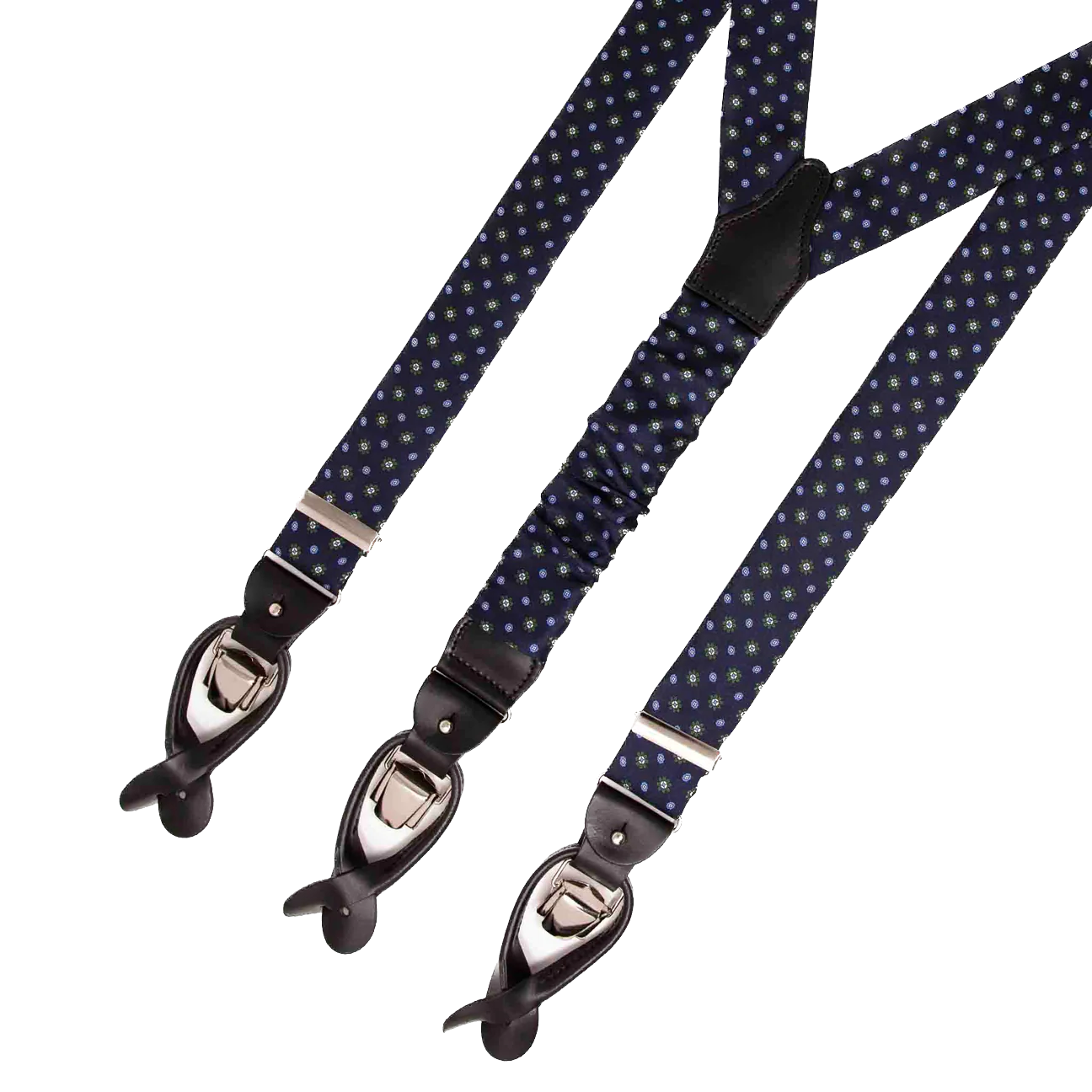 Serà Fine Silk Navy blue with green flowers silk suspenders