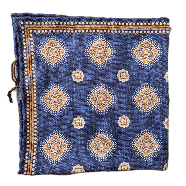 Navy geometric and paisley silk pocket square