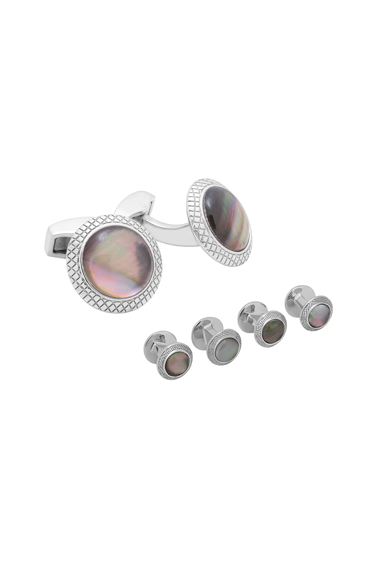 Tateossian Black Mother of Pearl Moonlight Bullseye Cufflink and stud set