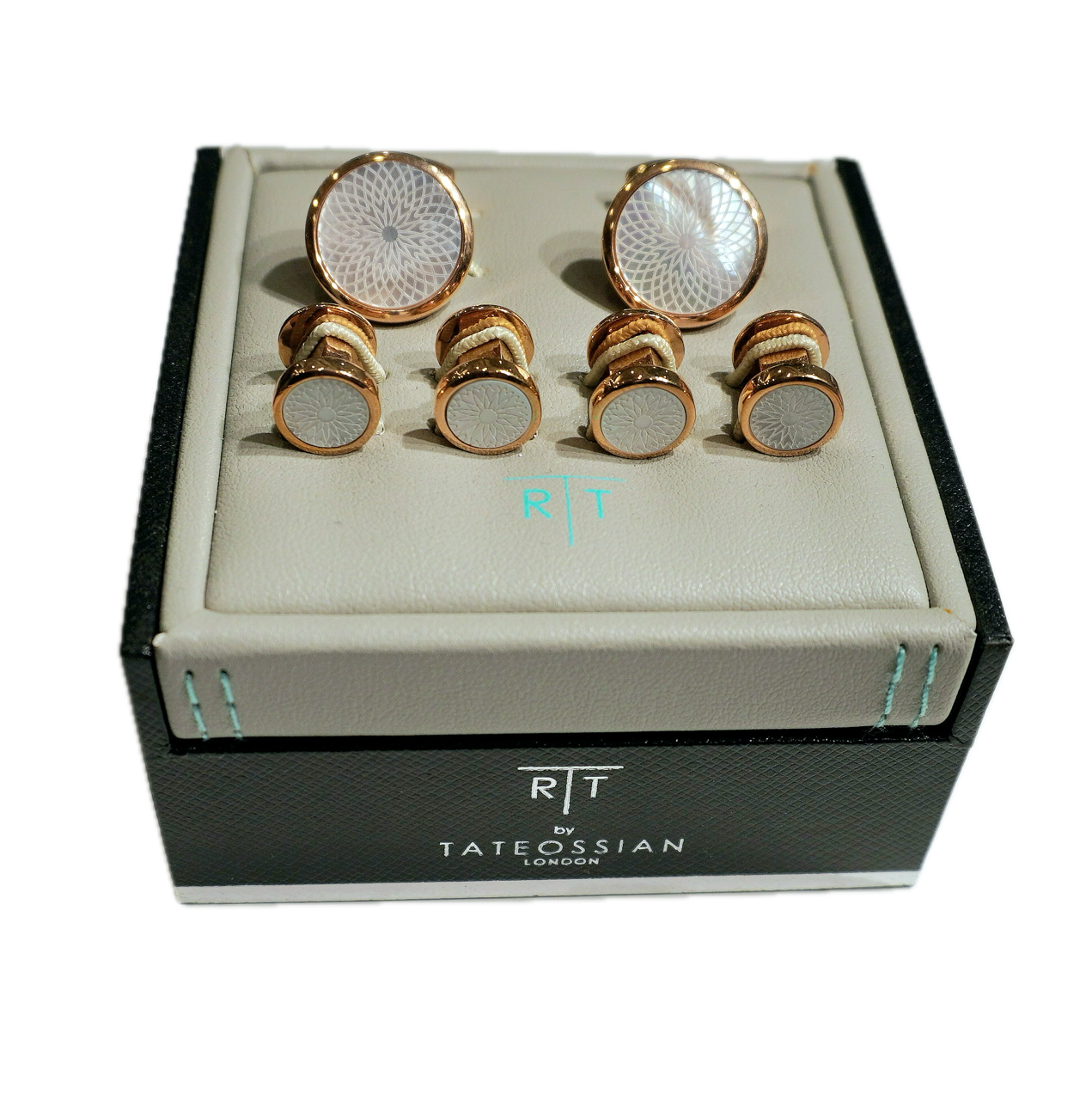 Tateossian Rotondo Guilloche white mother of pearl and rose gold Stud set