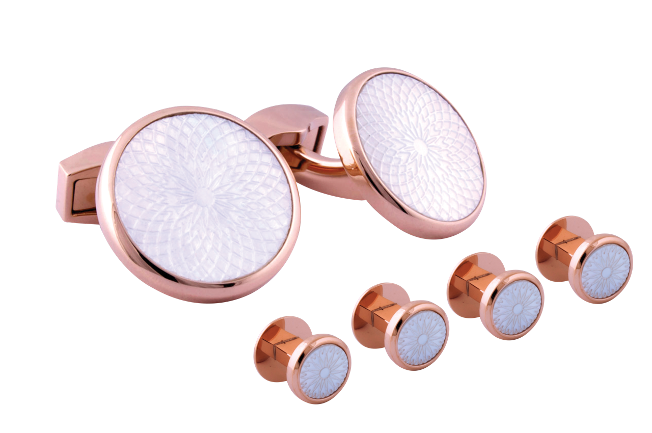 Tateossian Rotondo Guilloche white mother of pearl and rose gold Stud set