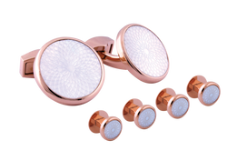 Tateossian Rotondo Guilloche white mother of pearl and rose gold Stud set