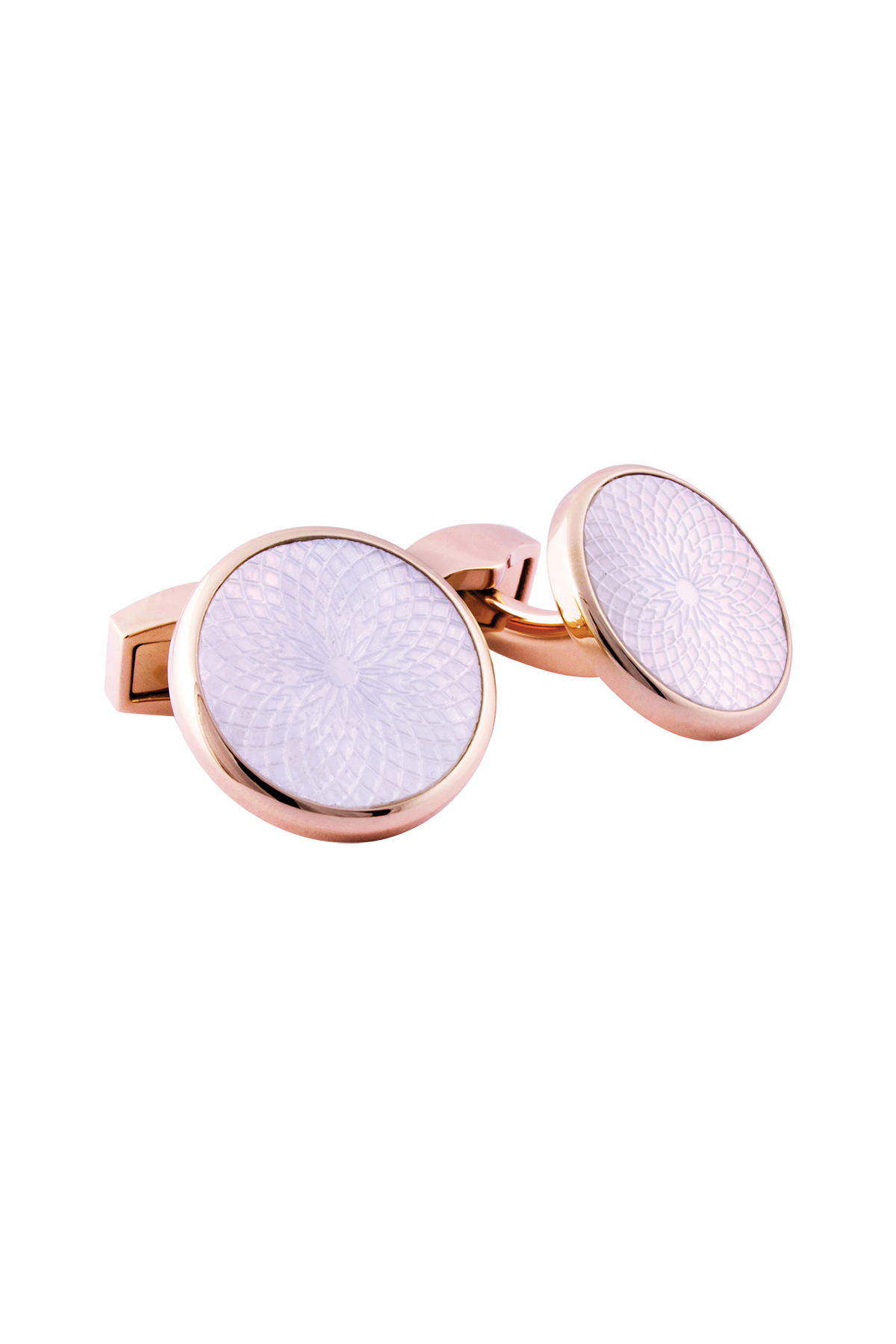 Tateossian Rotondo Guilloché rose gold and mother of pearl cufflinks