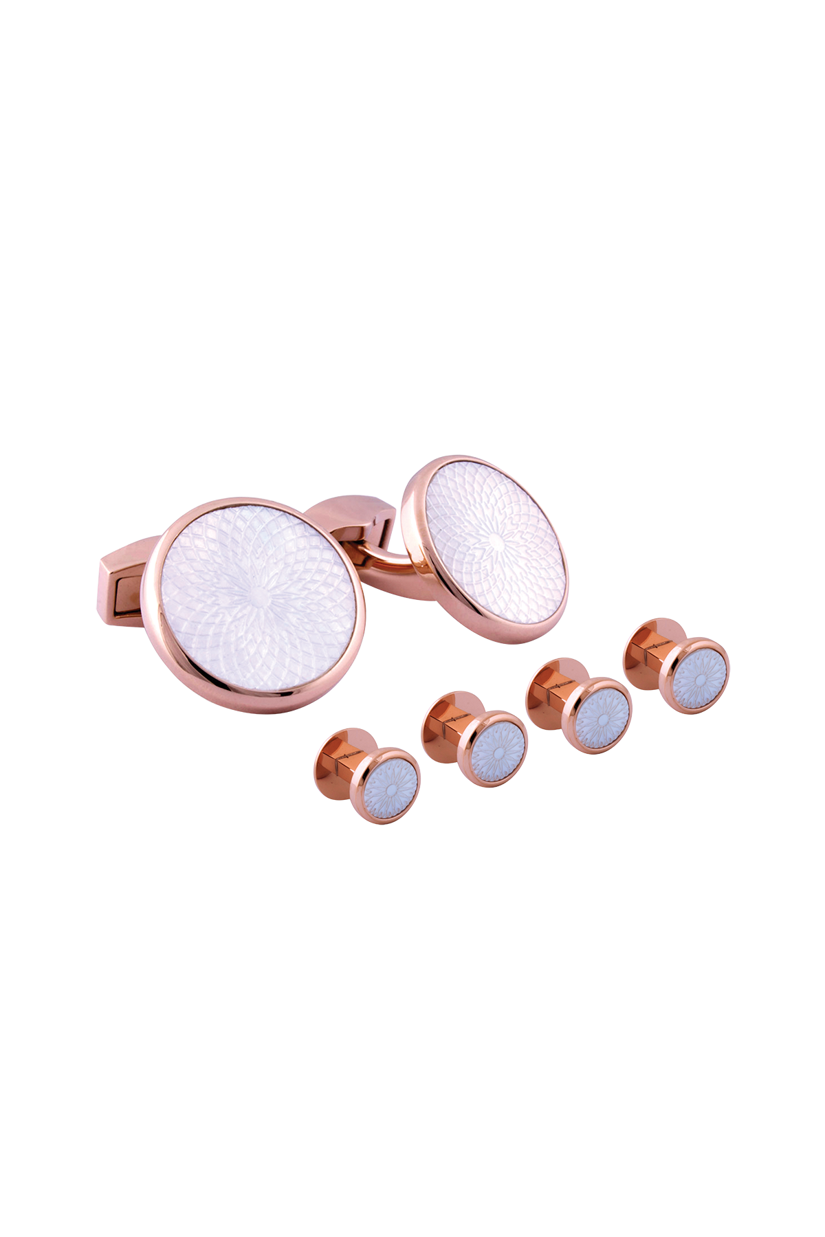 Tateossian Rotondo Guilloche white mother of pearl and rose gold Stud set