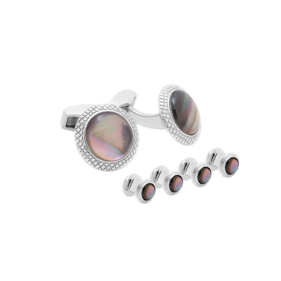 Tateossian Black Mother of Pearl Moonlight Bullseye Cufflink and stud set