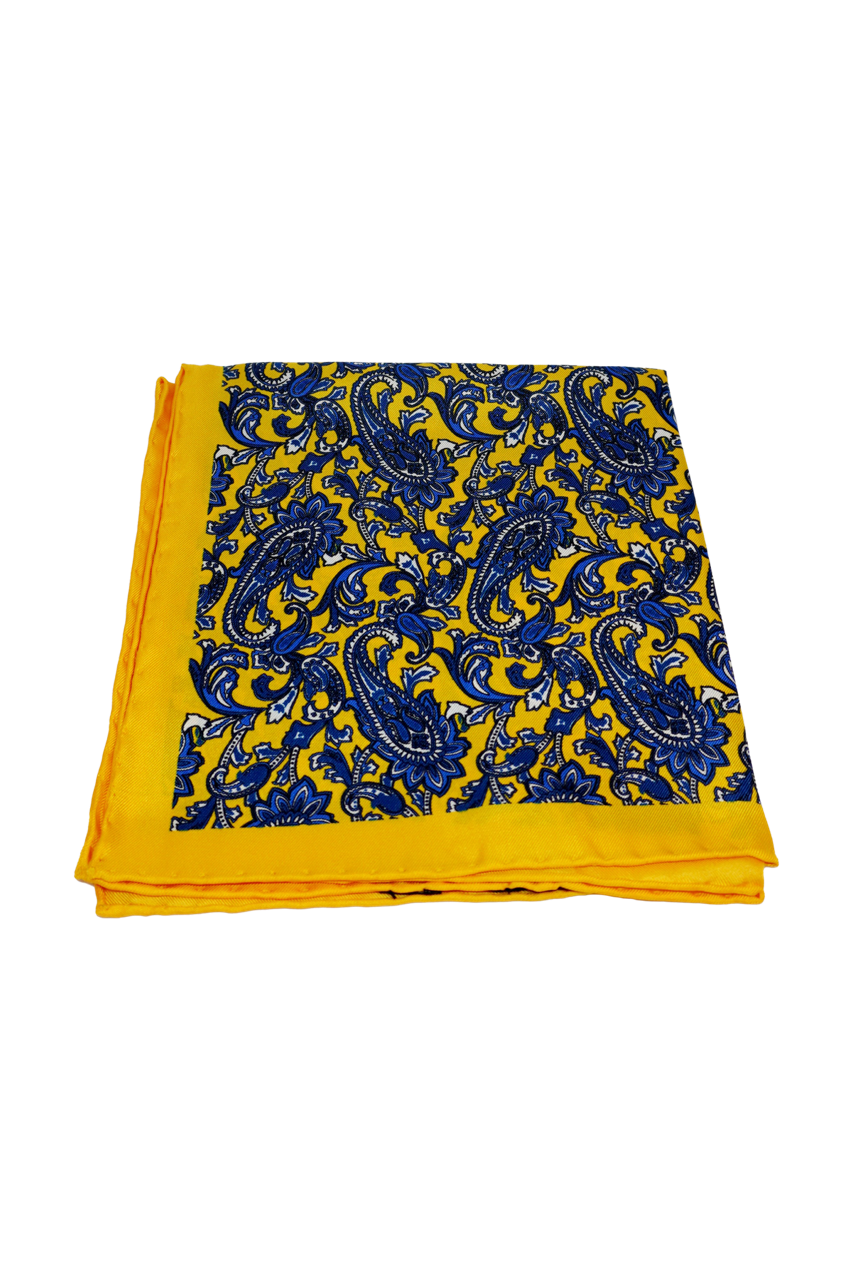 Alberobello Yellow and navy paisley silk pocket square