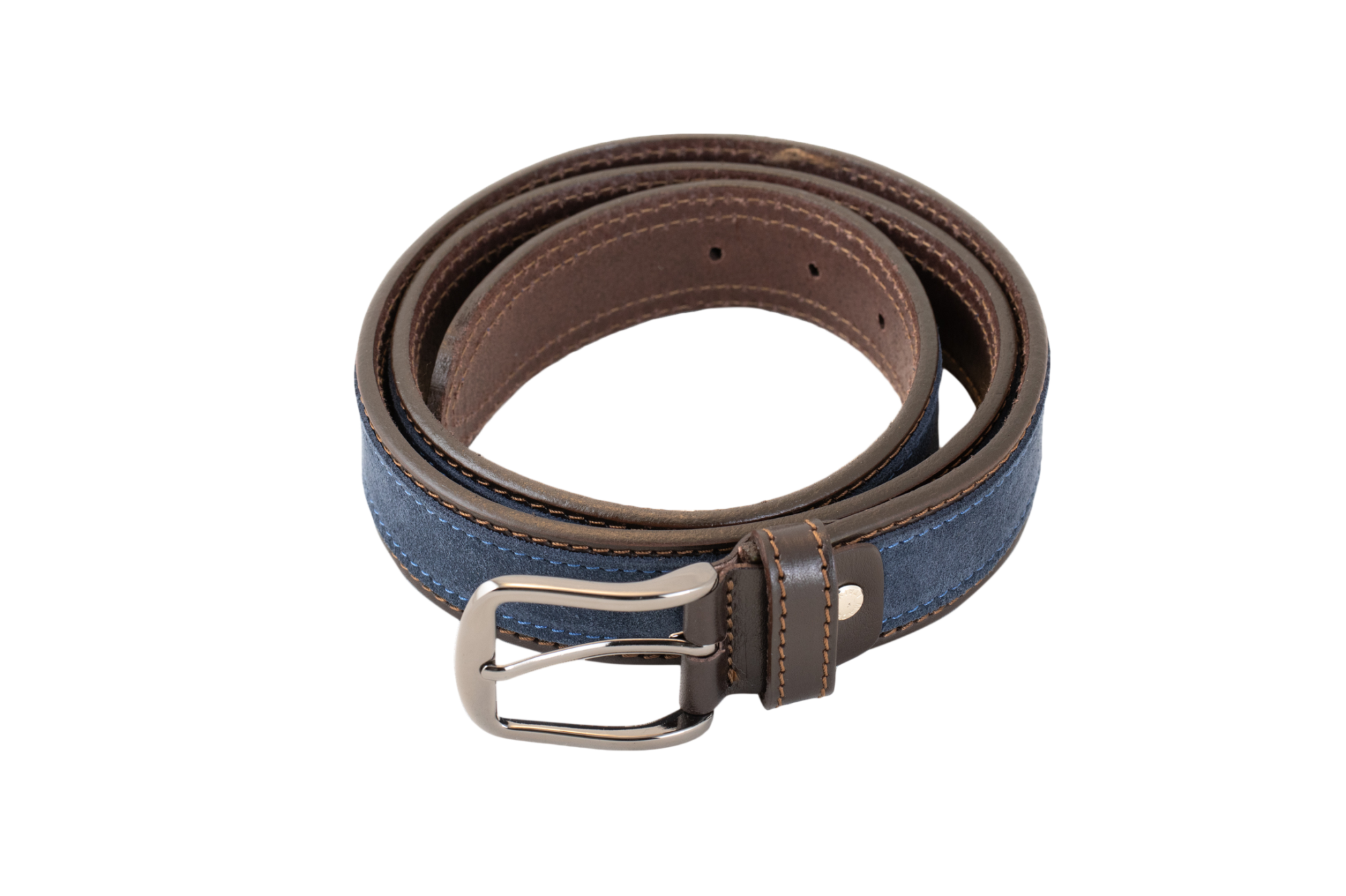 The Arno belt is stylish, modern and made from a soft brown Italian leather and navy suede stitched over the top, then finished with a silver buckle.  