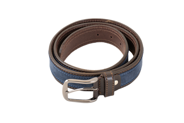 The Arno belt is stylish, modern and made from a soft brown Italian leather and navy suede stitched over the top, then finished with a silver buckle.  