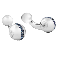 This ball cufflink features blue Swarovski elements for a touch of colour and subtle sparkle. The whale tail is double ended, and features a small sphere with the Thompson clover logo.