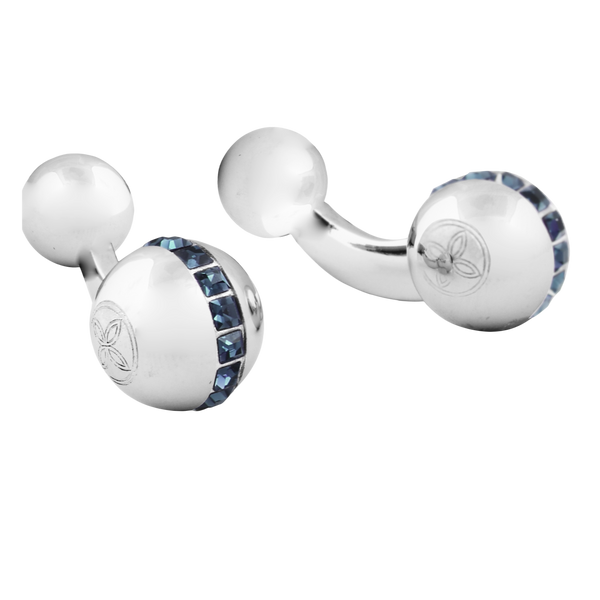 This ball cufflink features blue Swarovski elements for a touch of colour and subtle sparkle. The whale tail is double ended, and features a small sphere with the Thompson clover logo.