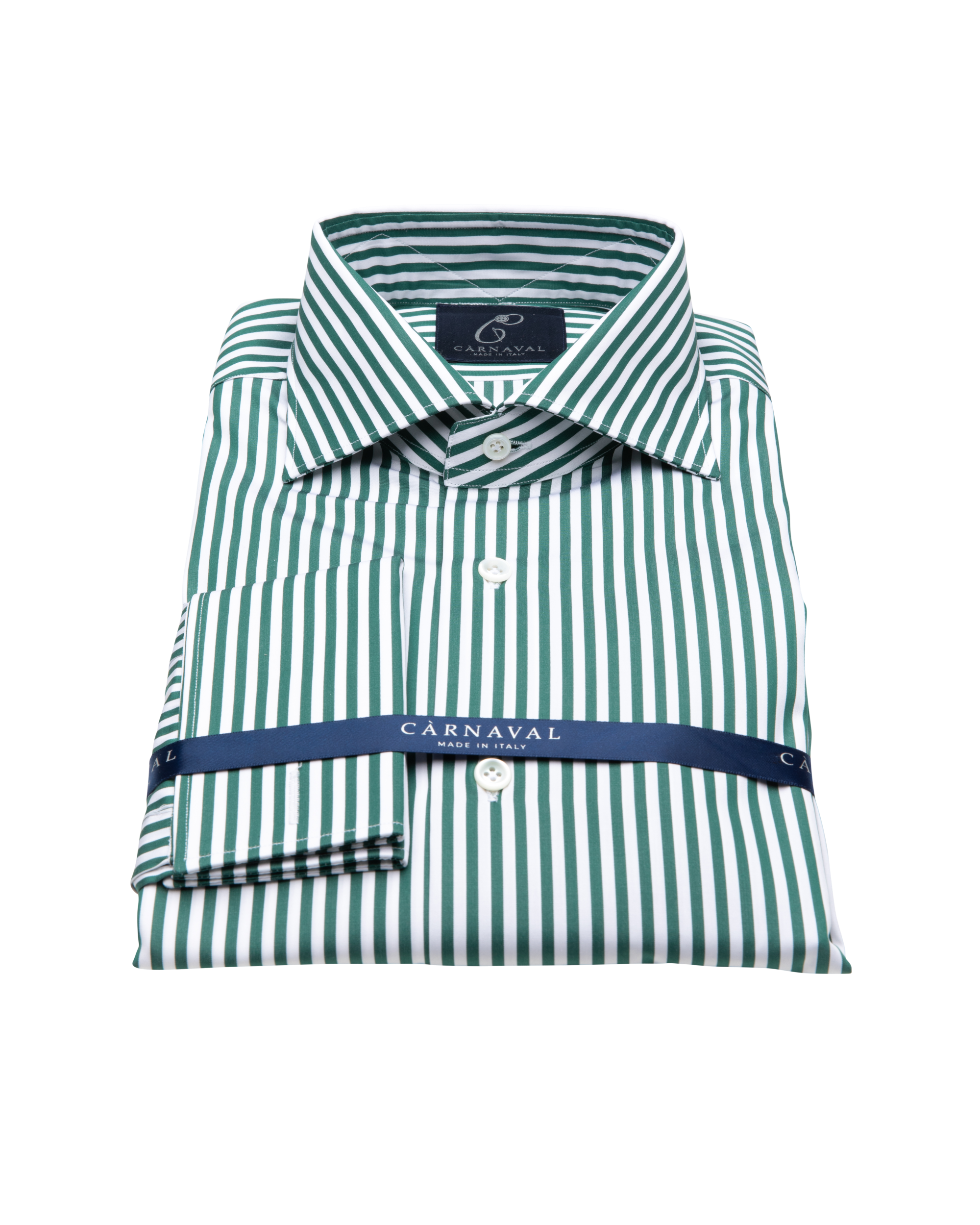 Downing men's shirt- Thomas Mason Downing, a super luxurious fabric woven from ultra fine 120/2 Egyptian cotton, featured in British racing green and white stripes.