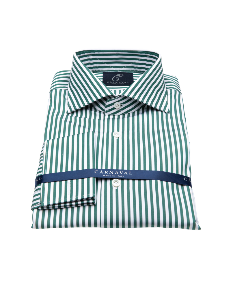 Downing men's shirt- Thomas Mason Downing, a super luxurious fabric woven from ultra fine 120/2 Egyptian cotton, featured in British racing green and white stripes.