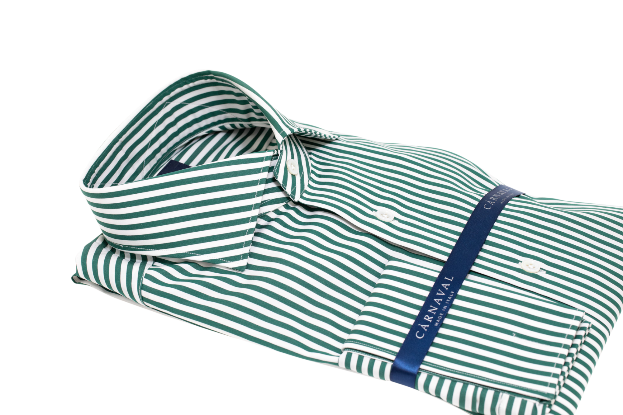 Downing men's shirt- Thomas Mason Downing, a super luxurious fabric woven from ultra fine 120/2 Egyptian cotton, featured in British racing green and white stripes.