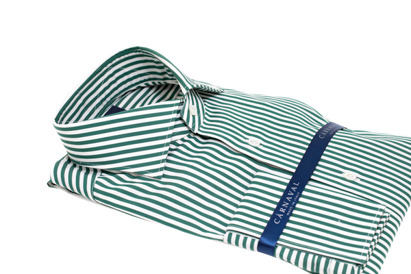 Downing men's shirt- Thomas Mason Downing, a super luxurious fabric woven from ultra fine 120/2 Egyptian cotton, featured in British racing green and white stripes.