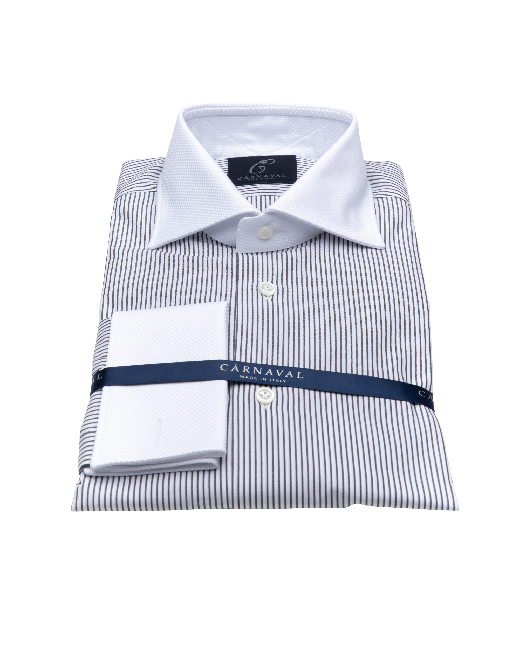 London men's shirt- handmade in Italy with black and white stripes and a white Dobby cotton collar and cuff.