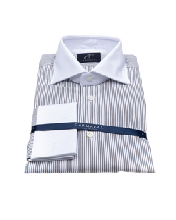 London men's shirt- handmade in Italy with black and white stripes and a white Dobby cotton collar and cuff.