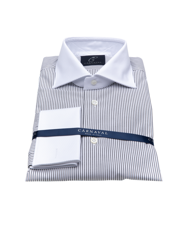 London men's shirt- handmade in Italy with black and white stripes and a white Dobby cotton collar and cuff.