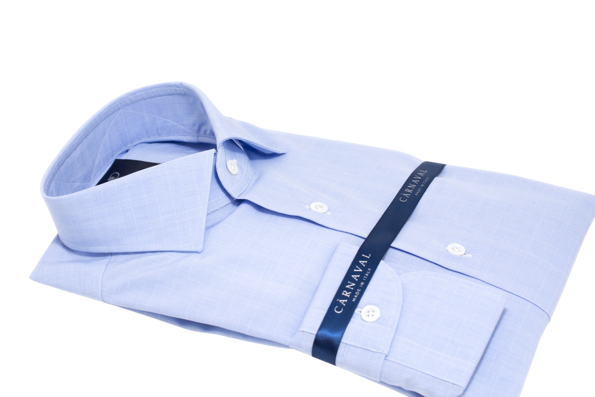 Mergellina blue check, ideal for both weekend wear or to be worn under your favourite Càrnaval suit. Made in Italy, and feature handmade collars, armholes as well as button and gussett attachments.