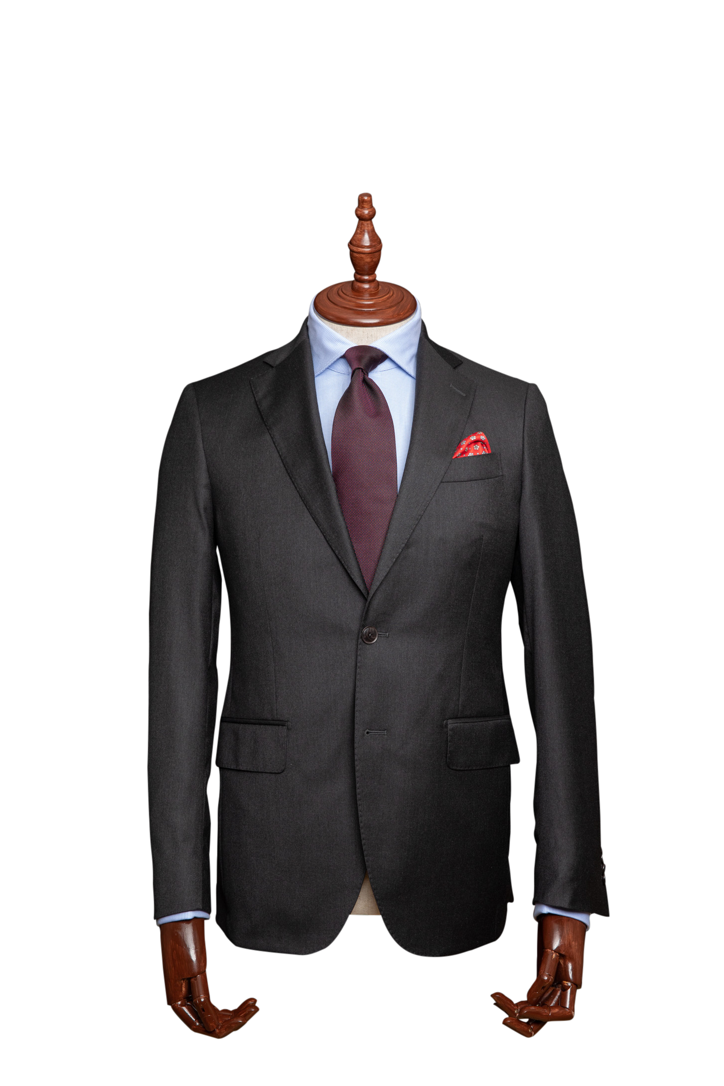 This English charcoal coloured men's suit, suitable for the corridors of power, be it Spring Street or Collins Street. Staple Loro Piana Four Seasons Super 130s wool fabric.