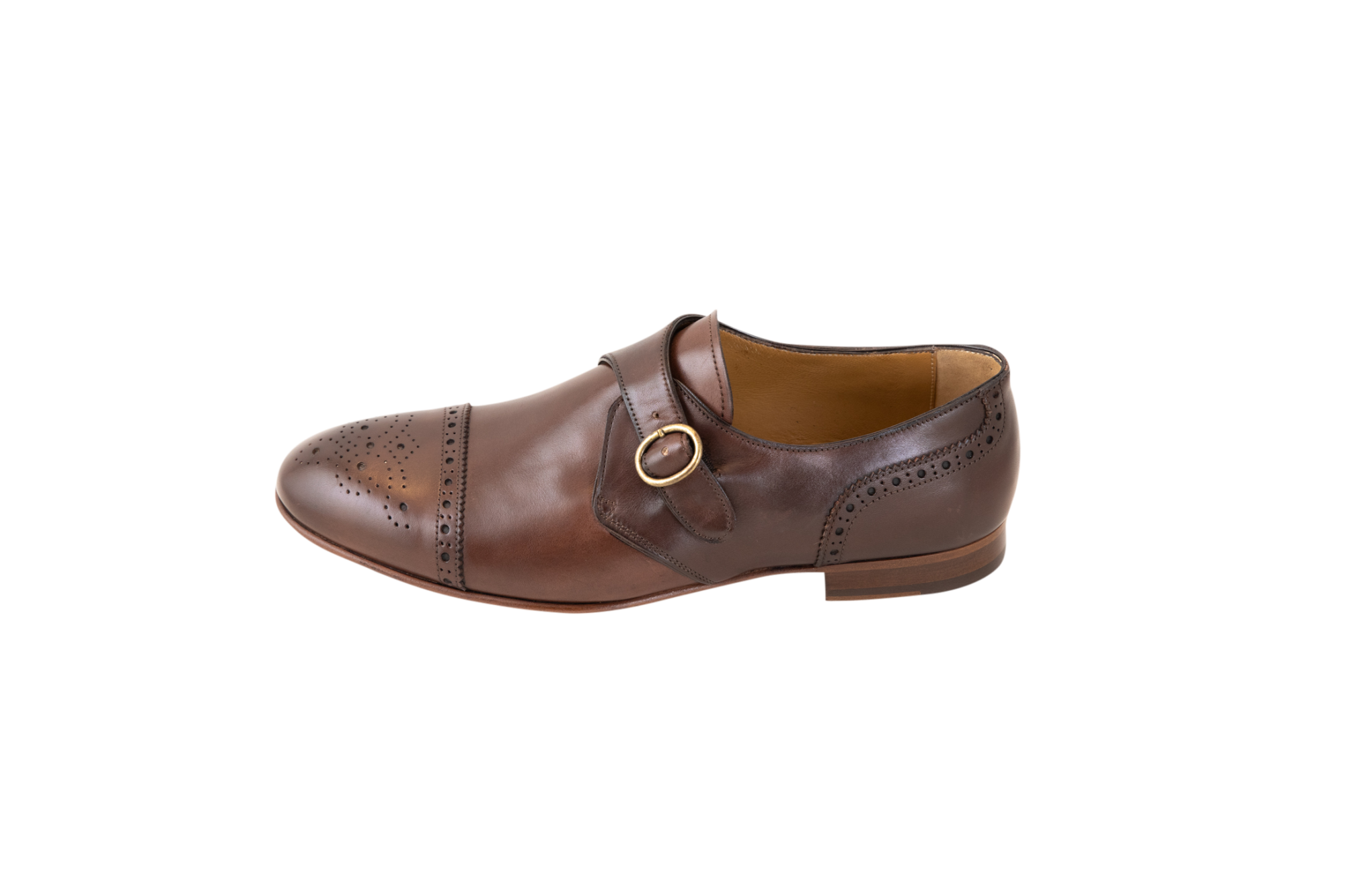 This single monk strap brogue is made in Italy from supple calf leather and available in brown. Features a leather sole, internal leather lining via a Blake stitched construction.